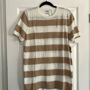Zara Men's Striped Tan and White Shirt